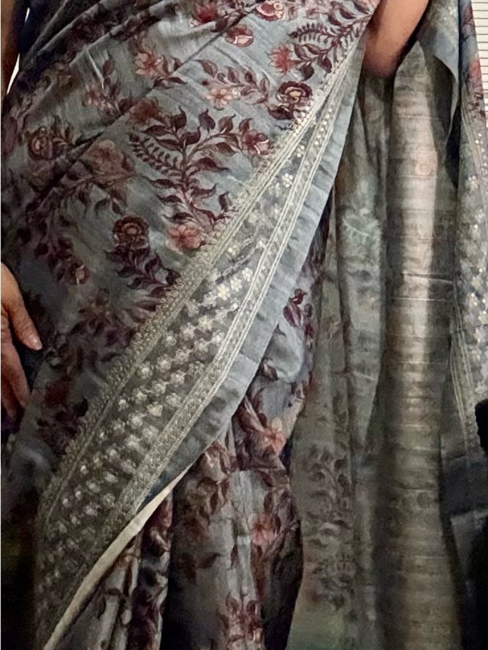 Floral Printed Saree with Metallic Border - Dusty Blue & Mauve